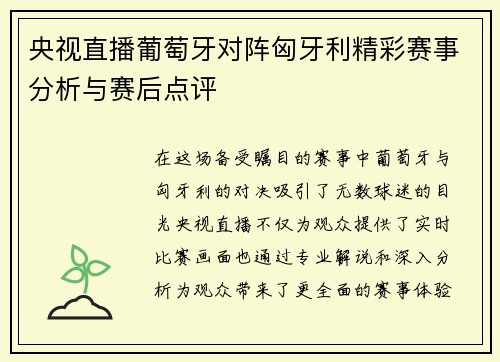 央视直播葡萄牙对阵匈牙利精彩赛事分析与赛后点评
