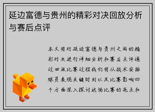 延边富德与贵州的精彩对决回放分析与赛后点评